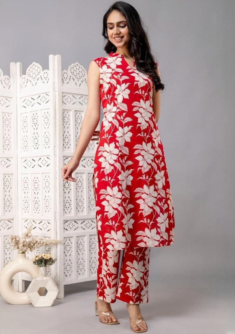 Red Printed Cotton Kurta Set - Indya
