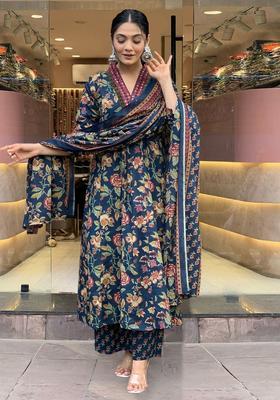 Blue Printed Viscose Anarkali Set