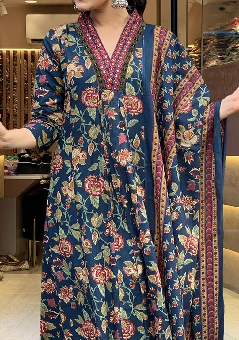 Blue Printed Viscose Anarkali Set - Indya