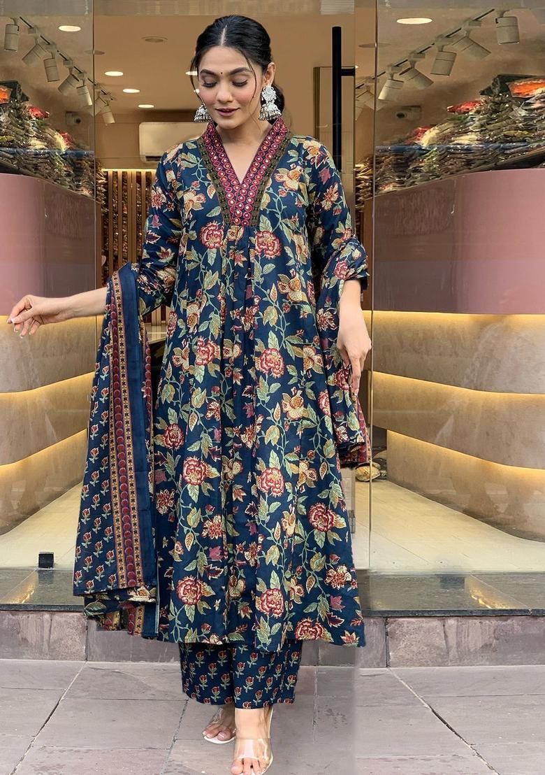 Blue Printed Viscose Anarkali Set - Indya