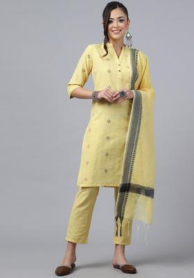 Yellow Woven Design Cotton Kurta Set