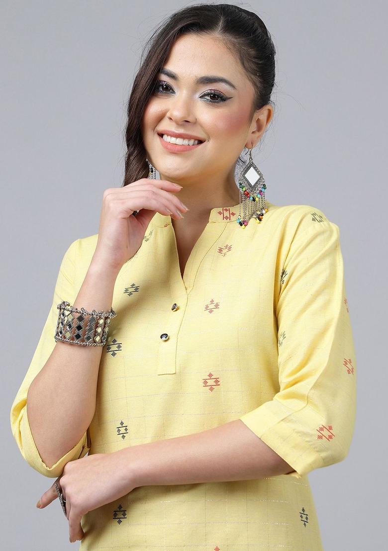Yellow Woven Design Cotton Kurta Set - Indya