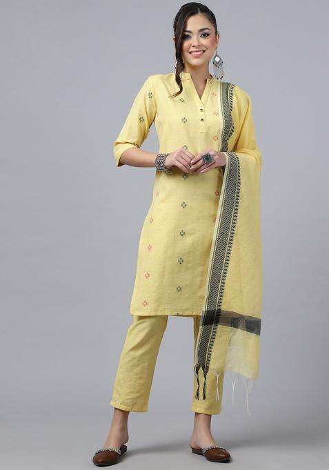 Yellow Woven Design Cotton Kurta Set