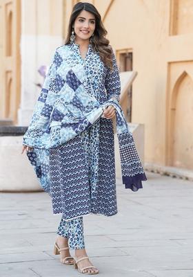 Blue Printed Cotton Anarkali Set