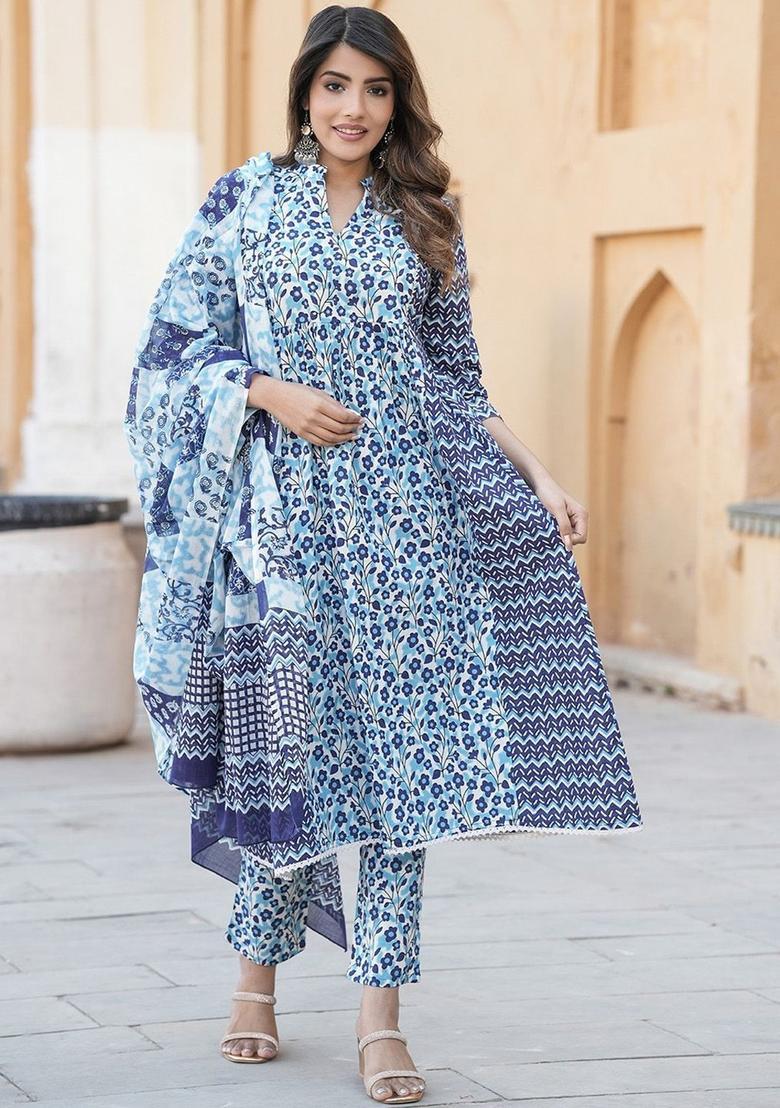 Blue Printed Cotton Anarkali Set - Indya