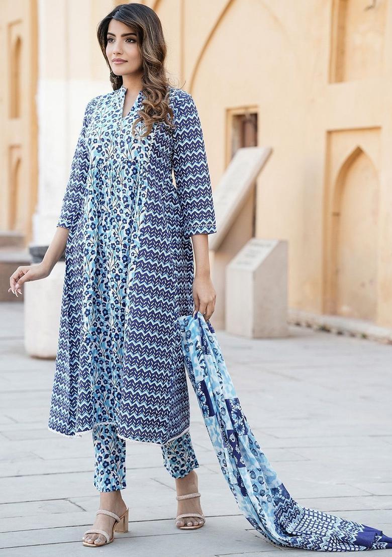 Blue Printed Cotton Anarkali Set - Indya