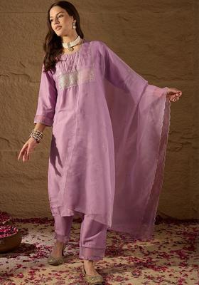 Lavender Embroidered Silk Kurta Set