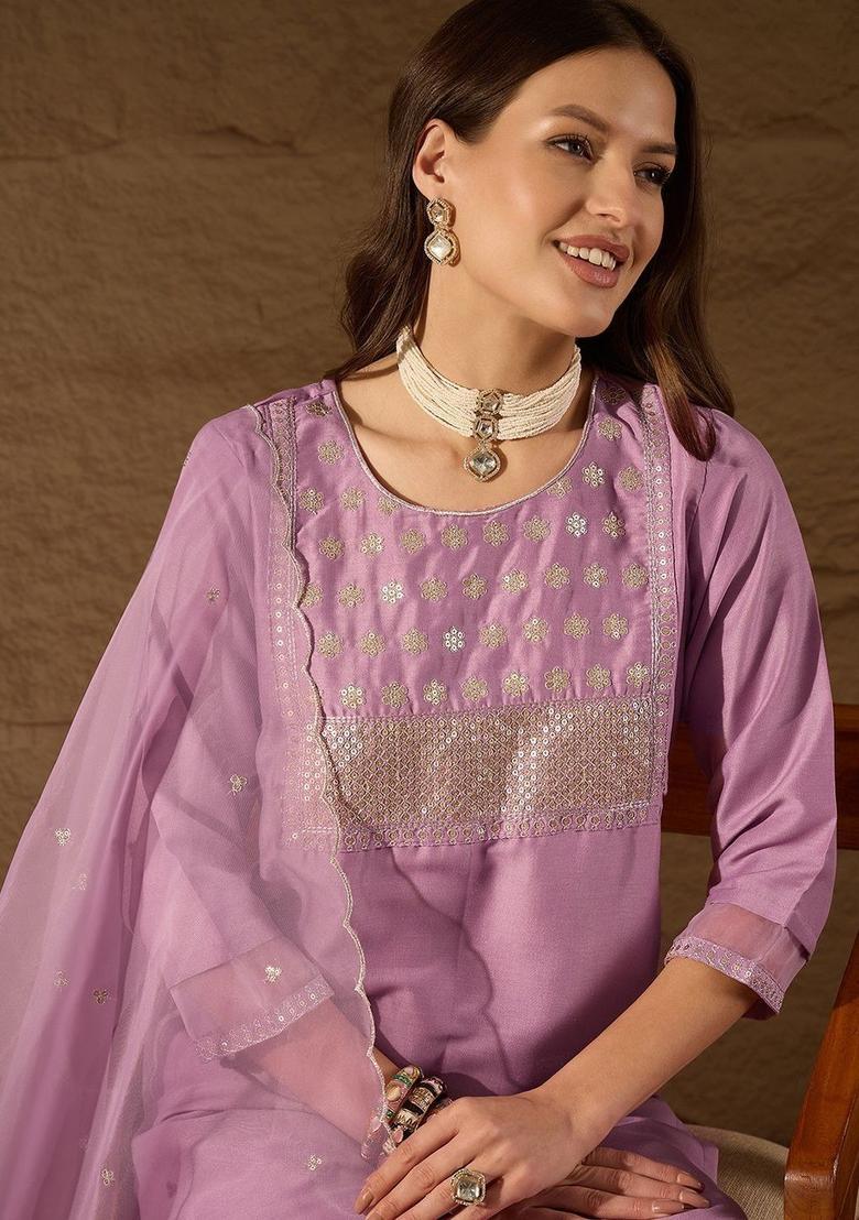 Lavender Embroidered Silk Kurta Set - Indya