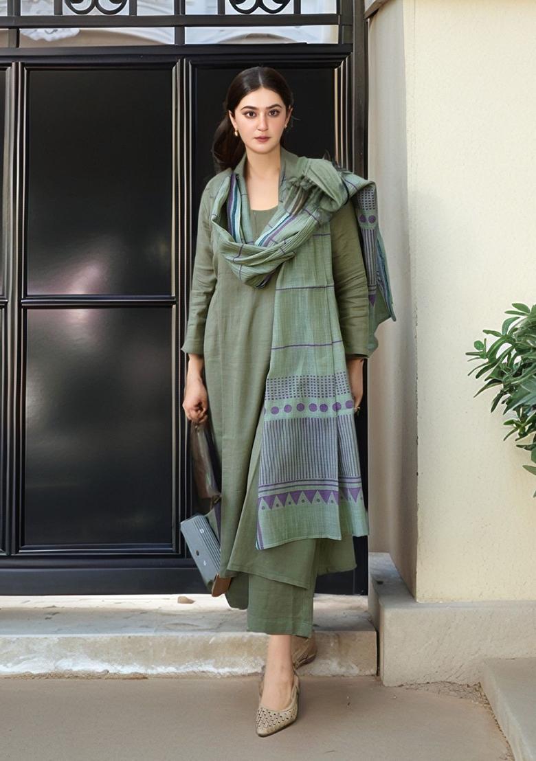 Green Printed Viscose Kurta Set - Indya