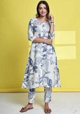 Off White Printed Cotton Kurta Set