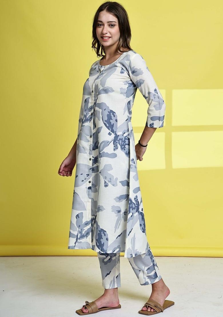 Off White Printed Cotton Kurta Set - Indya