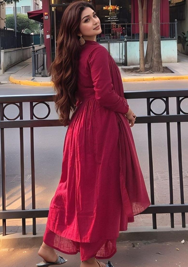 Maroon Solid Viscose Kurta Set - Indya