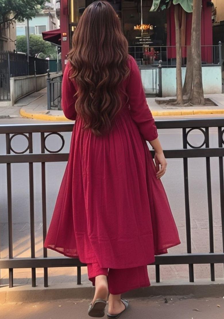 Maroon Solid Viscose Kurta Set - Indya