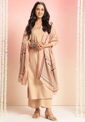 Beige Solid Viscose Kurta Set