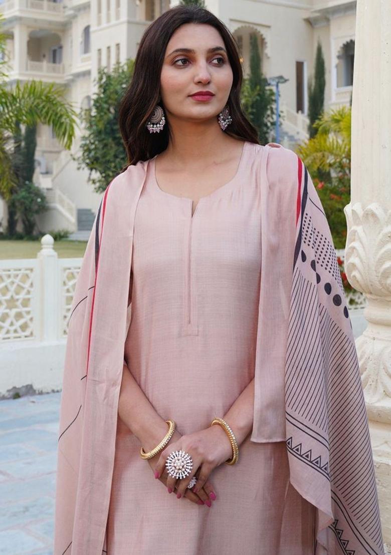 Pink Solid Viscose Kurta Set - Indya