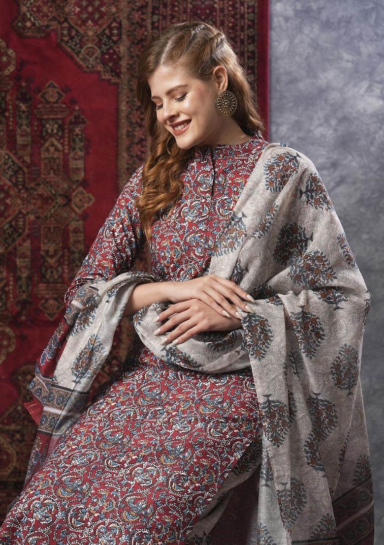 Maroon Printed Viscose Kurta Set - Indya