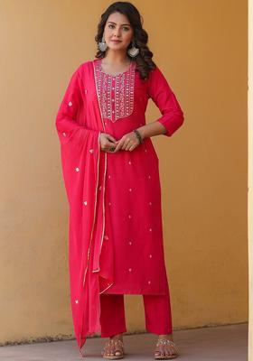 Pink Embroidered Cotton Kurta Set
