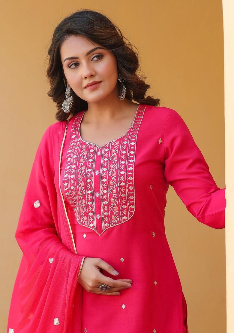 Pink Embroidered Cotton Kurta Set - Indya