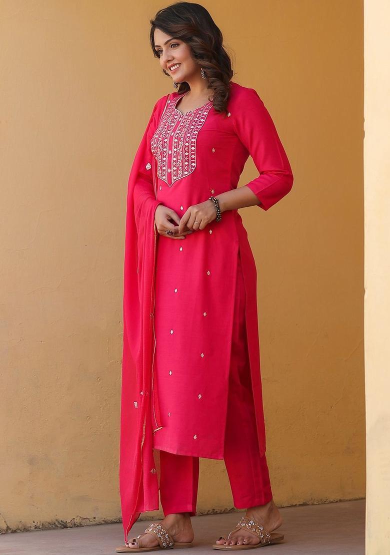 Pink Embroidered Cotton Kurta Set - Indya