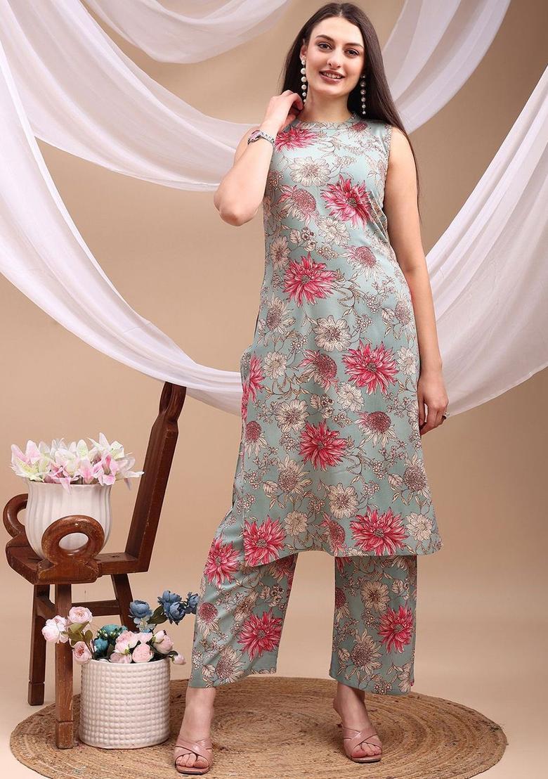 Blue Printed Viscose Kurta Set - Indya