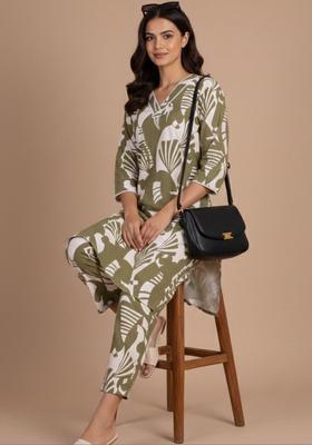Olive Printed Cotton Kurta Set