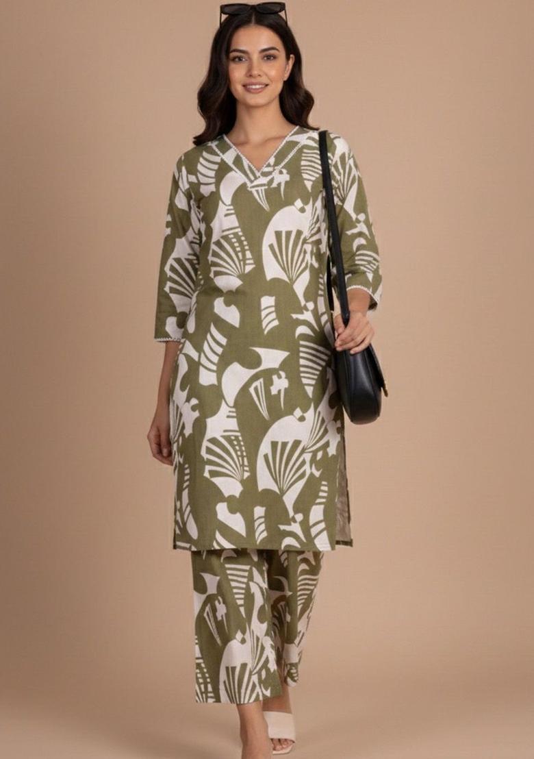 Olive Printed Cotton Kurta Set - Indya