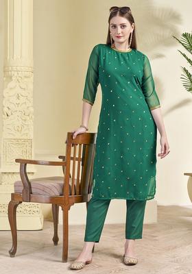Green Embroidered Georgette Kurta Set
