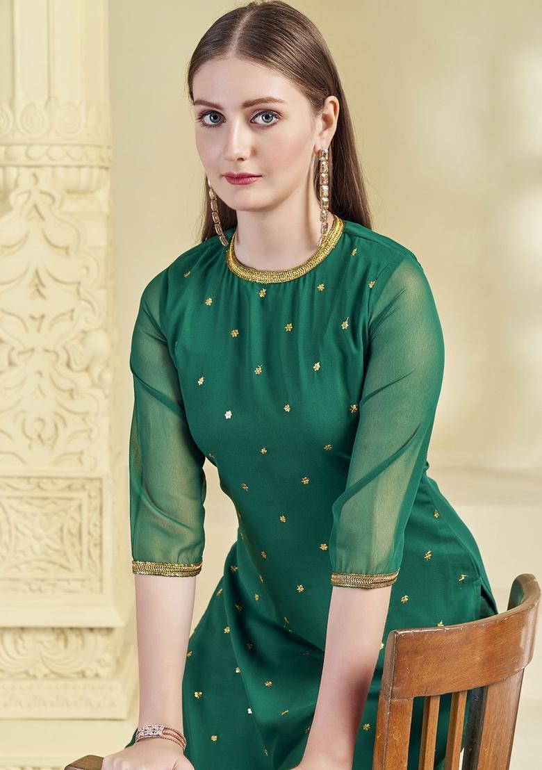 Green Embroidered Georgette Kurta Set - Indya