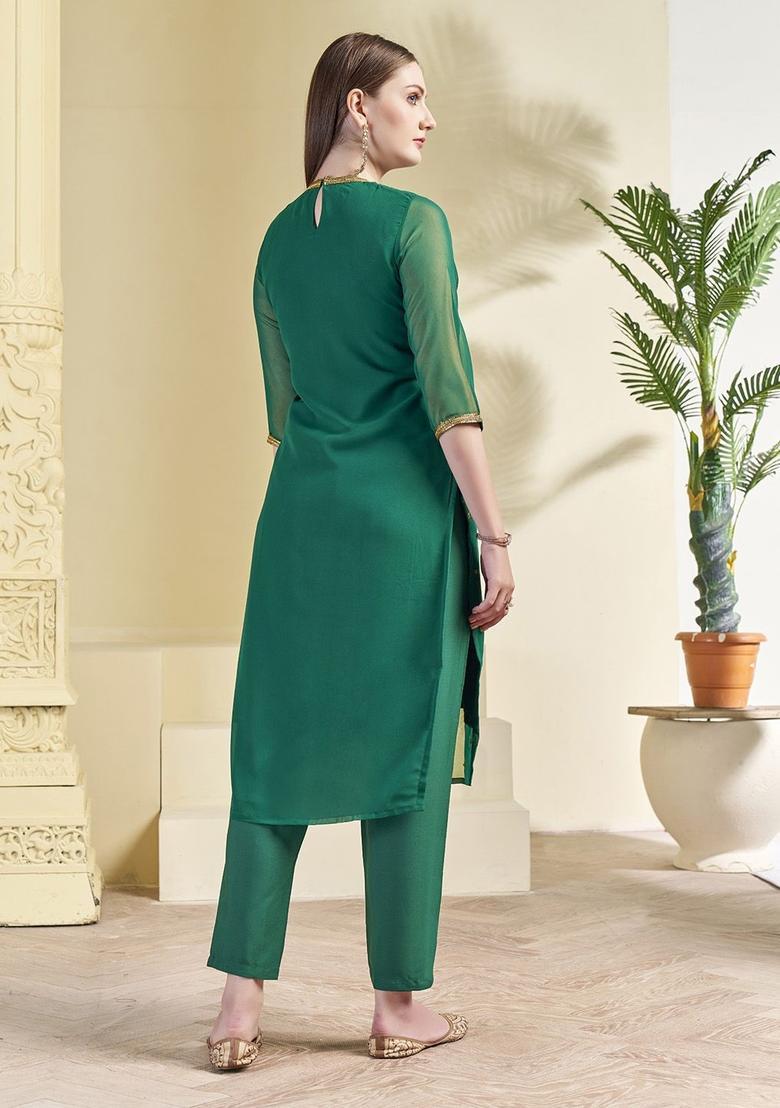 Green Embroidered Georgette Kurta Set - Indya