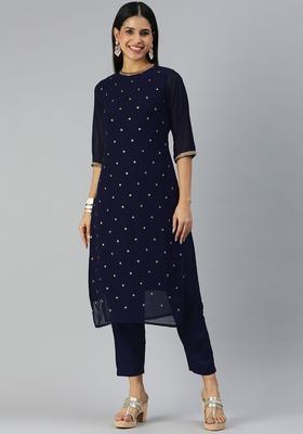 Navy Blue Embroidered Georgette Kurta Set