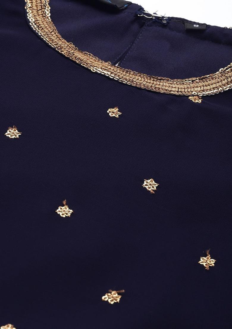 Navy Blue Embroidered Georgette Kurta Set - Indya