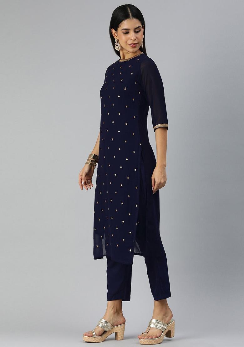 Navy Blue Embroidered Georgette Kurta Set - Indya