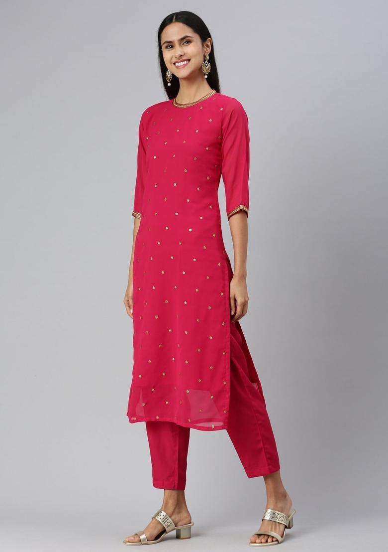 Magenta Embroidered Georgette Kurta Set - Indya