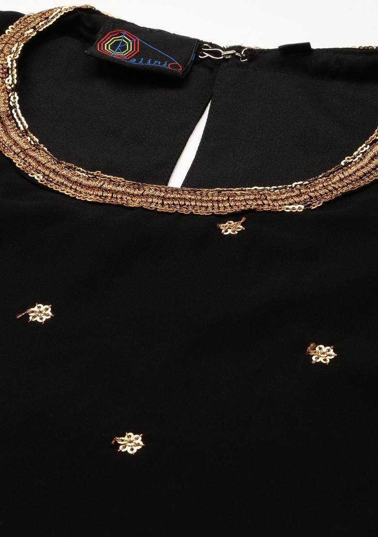 Black Embroidered Georgette Kurta Set - Indya