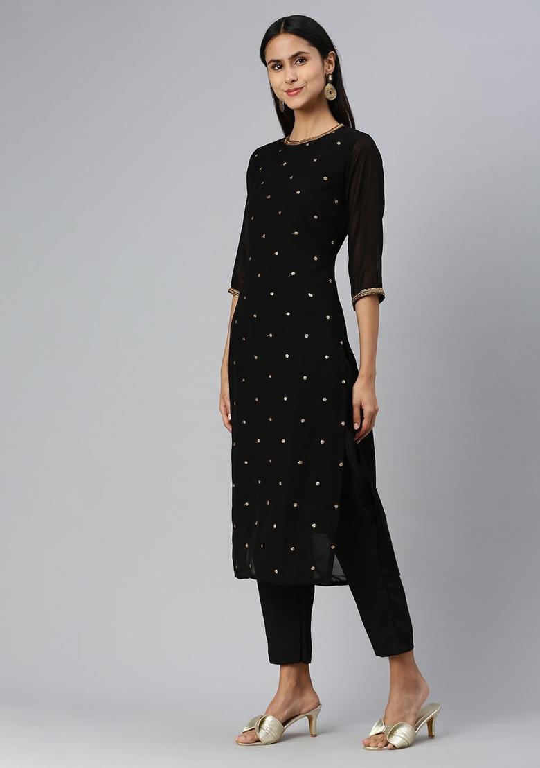 Black Embroidered Georgette Kurta Set - Indya
