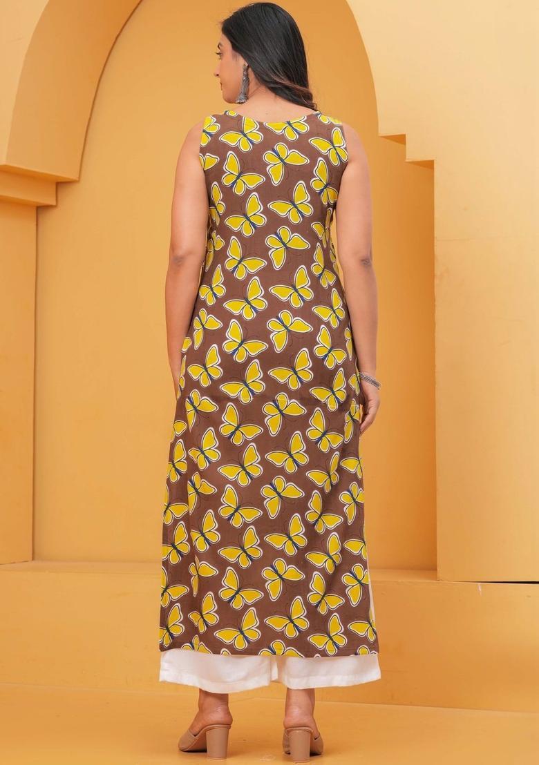 Brown Printed Viscose Kurta Set - Indya