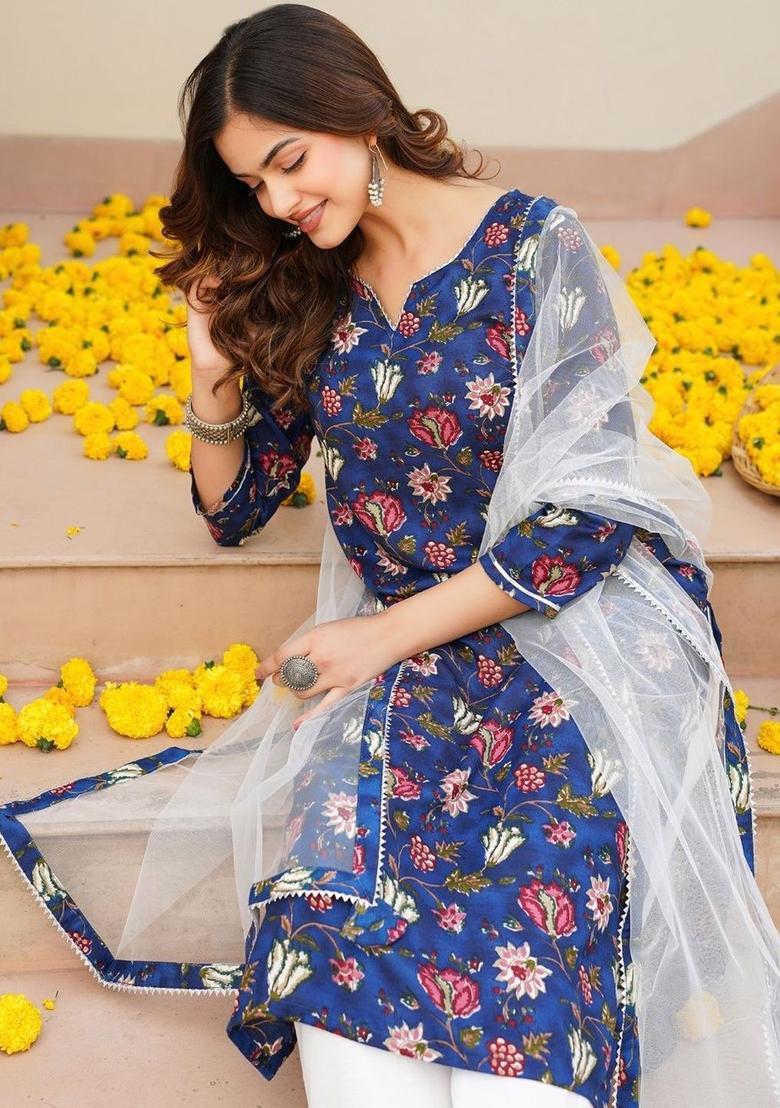Blue Printed Cotton Kurta Set - Indya