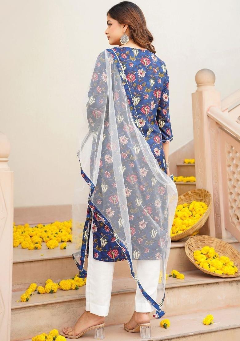 Blue Printed Cotton Kurta Set - Indya