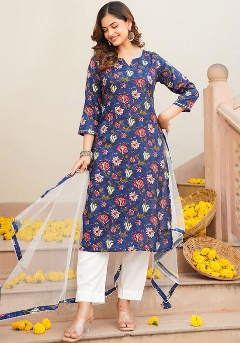 Blue Printed Cotton Kurta Set — view on Indya