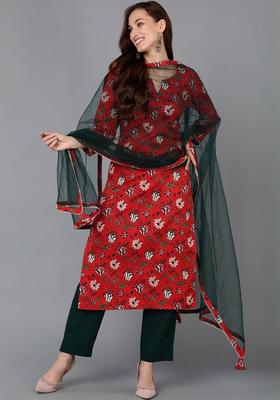 Red Printed Cotton Kurta Set