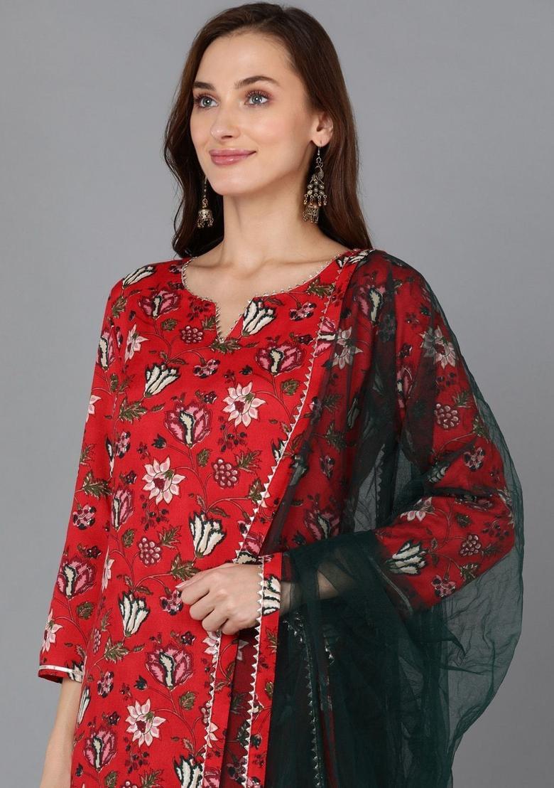 Red Printed Cotton Kurta Set - Indya