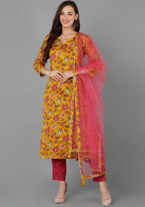 Yellow Printed Cotton Kurta Set — view on Indya