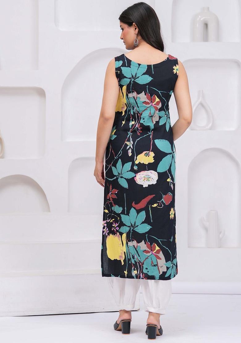 Black Printed Viscose Kurta Set - Indya