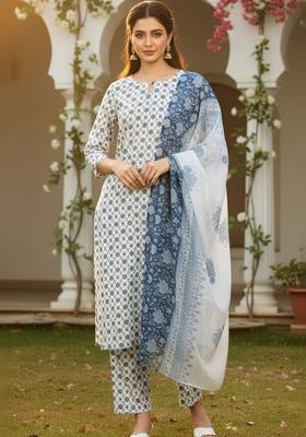White Printed Polyester Kurta Set