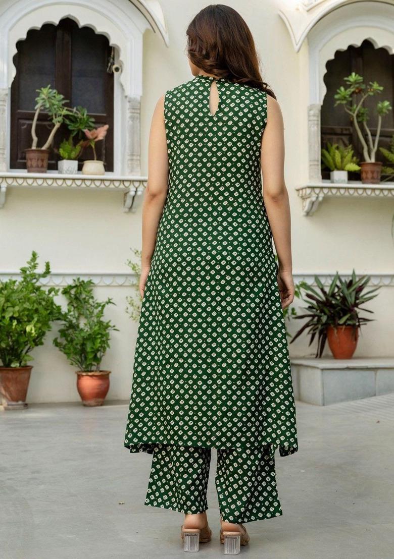 Green Printed Viscose Kurta Set - Indya