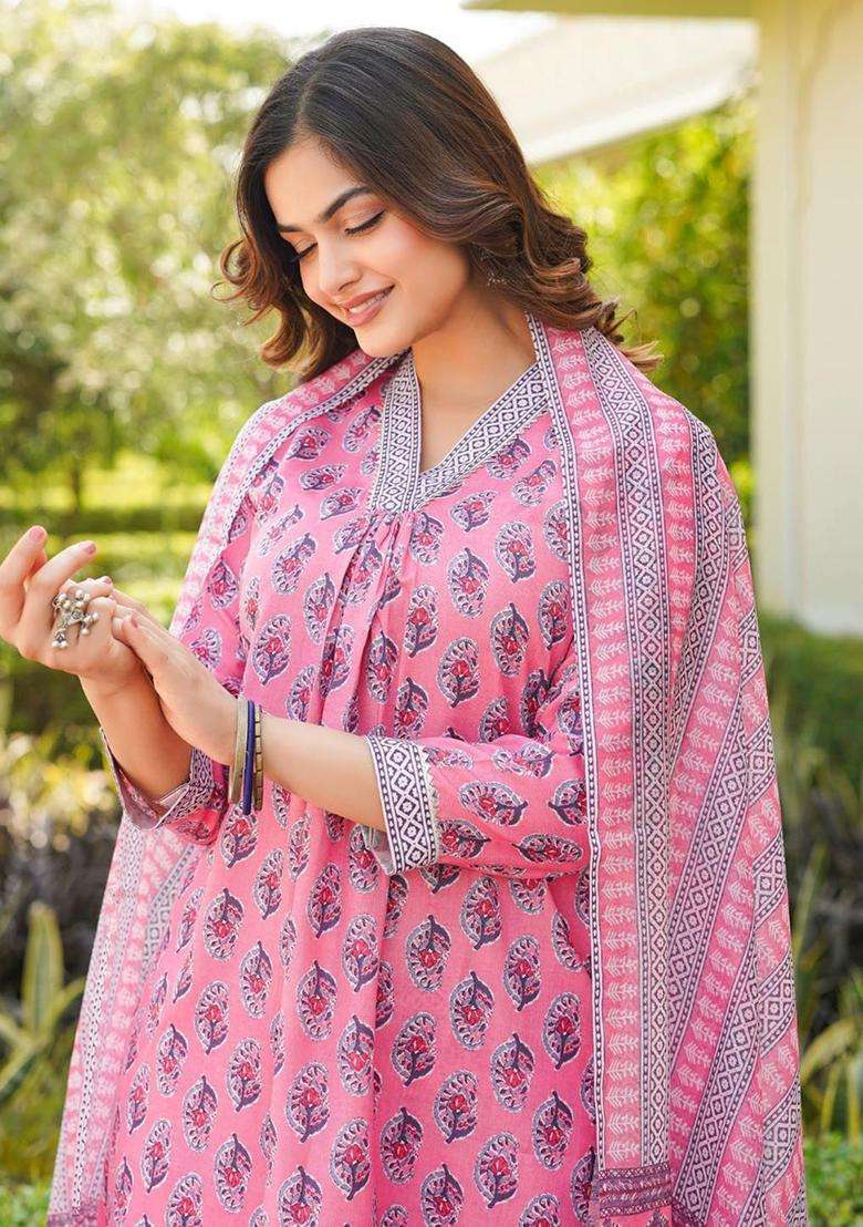 Pink Printed Cotton Kurta Set - Indya