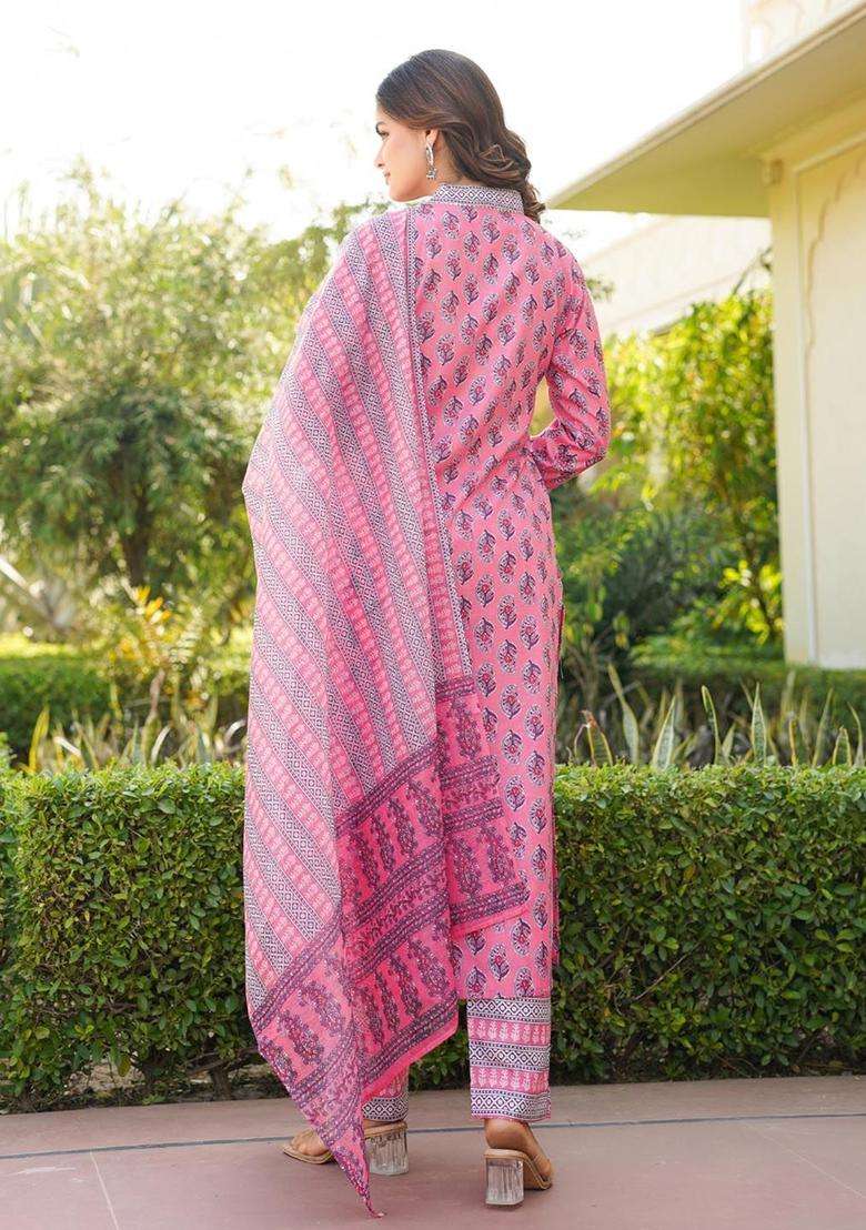 Pink Printed Cotton Kurta Set - Indya