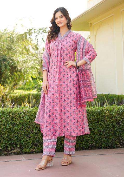 Pink Printed Cotton Kurta Set