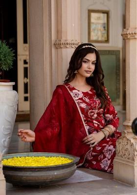 Maroon Embroidered Cotton Kurta Set