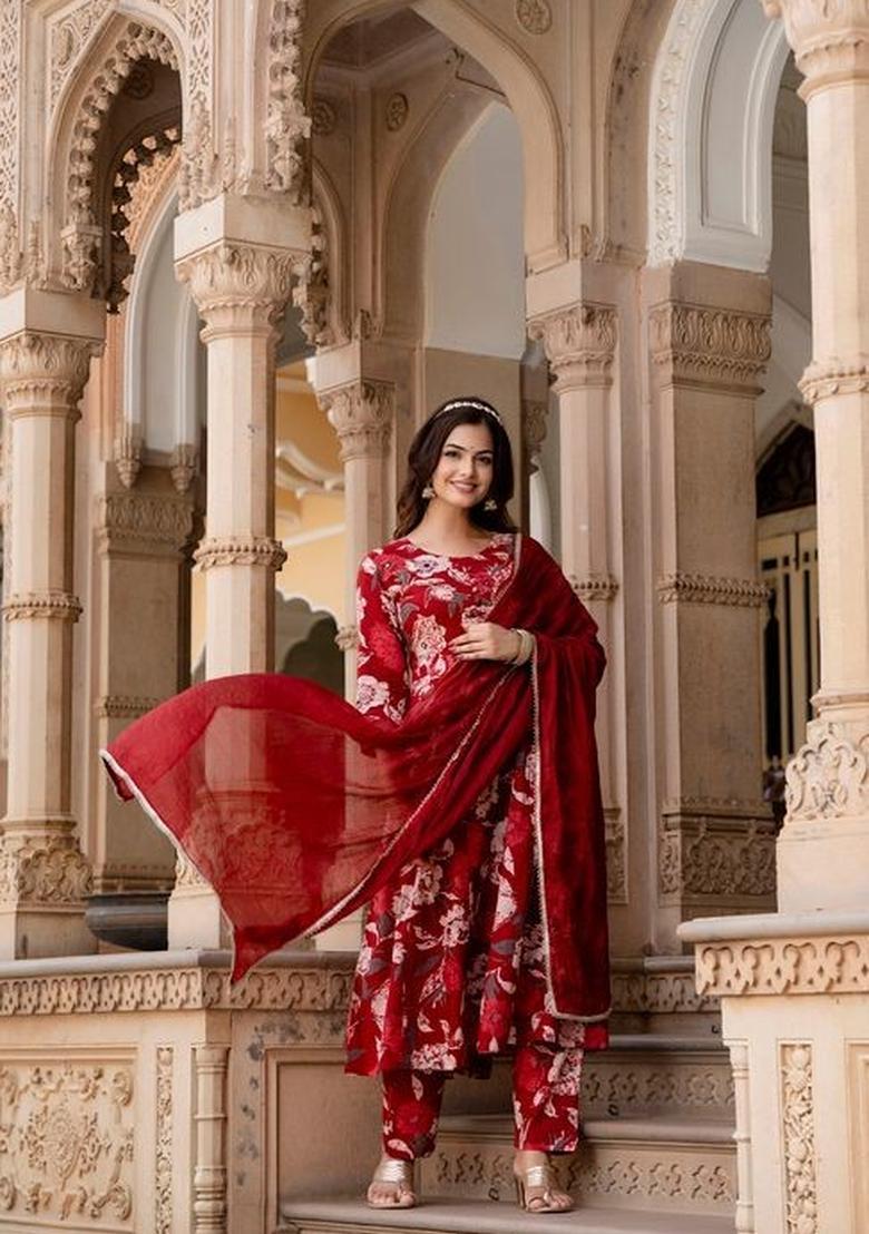 Maroon Embroidered Cotton Kurta Set - Indya